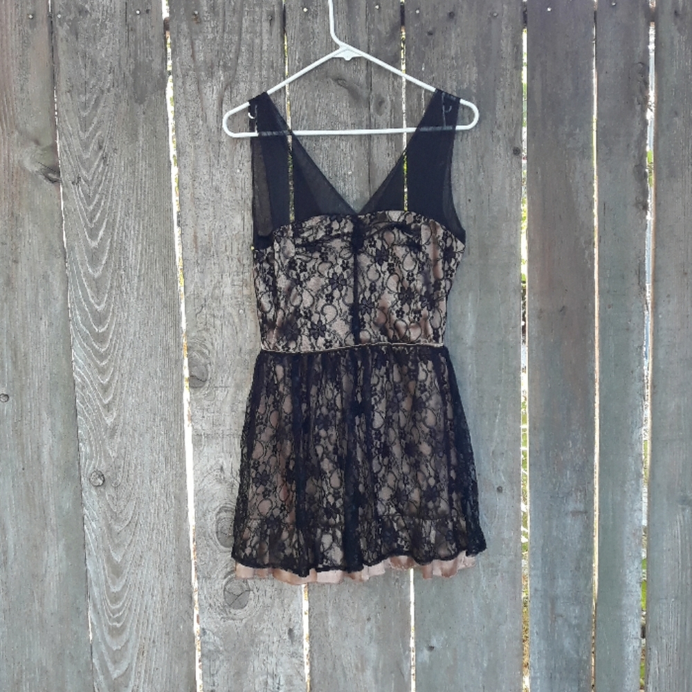 Apollo tan satin and black lace dress medium